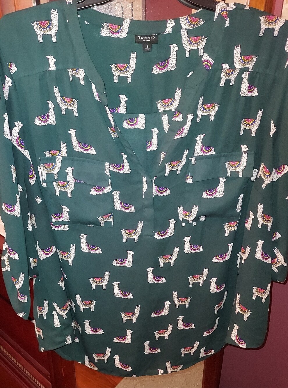 Torrid Teal Llama Print Blouse with Colorful Saddle Accents